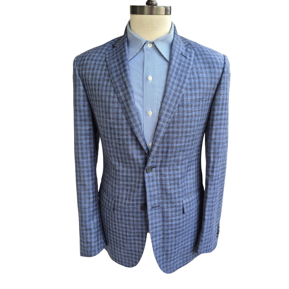 JB Britches Logan Blue Gray Wool Silk Linen Check Mens Sport Coat Blazer Sz 38 R